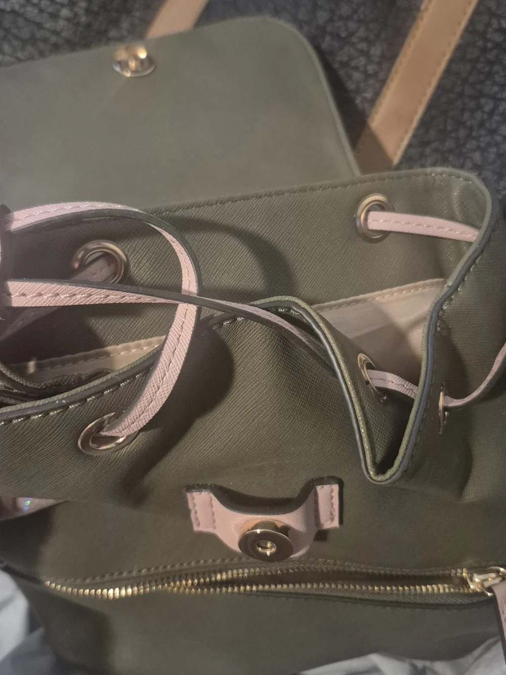 GUESS Olive Green and Light Pink Logo Flap Backpack